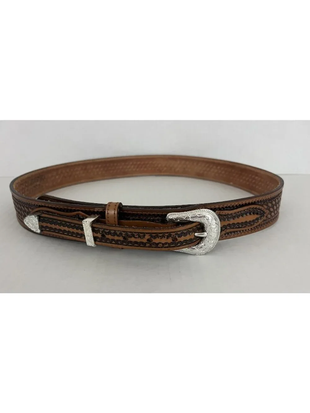 Nocona Western Leather Belt Tooled Braided Inlay 3pc Silver Tone Buckle 44